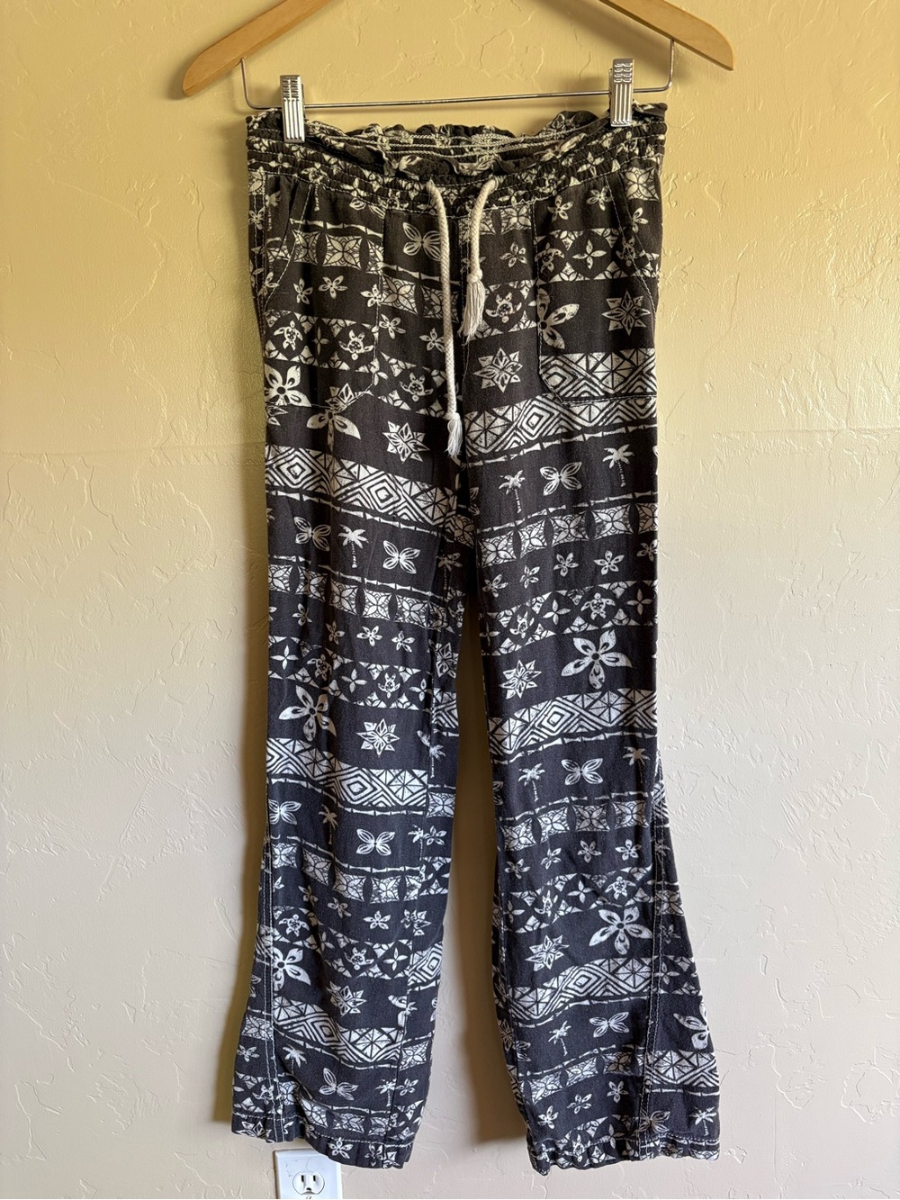 Cali 1850 Linen Blend Beachy Grey Patterned Drawstring Waist Pants Bootcut Small